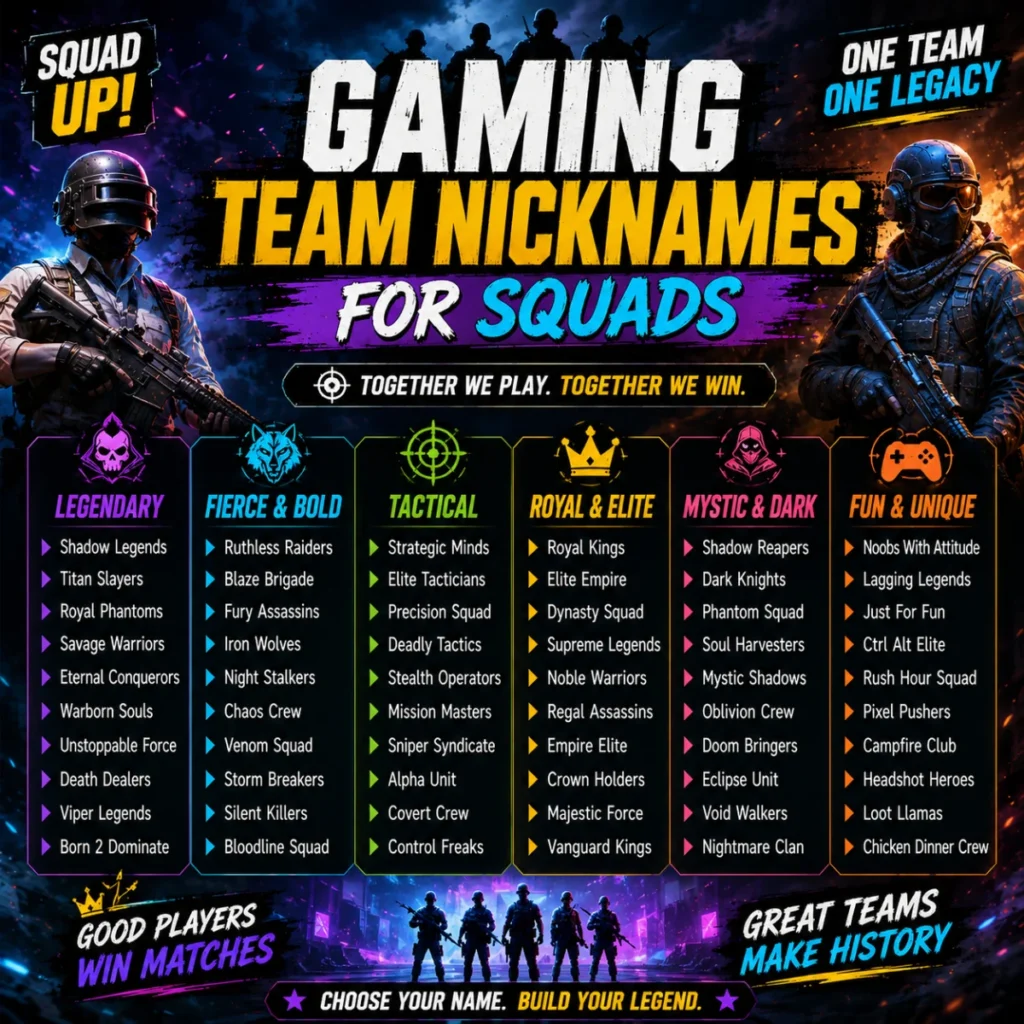Gaming team nicknames for squads featuring tactical gamer characters and creative squad name ideas for competitive teams
