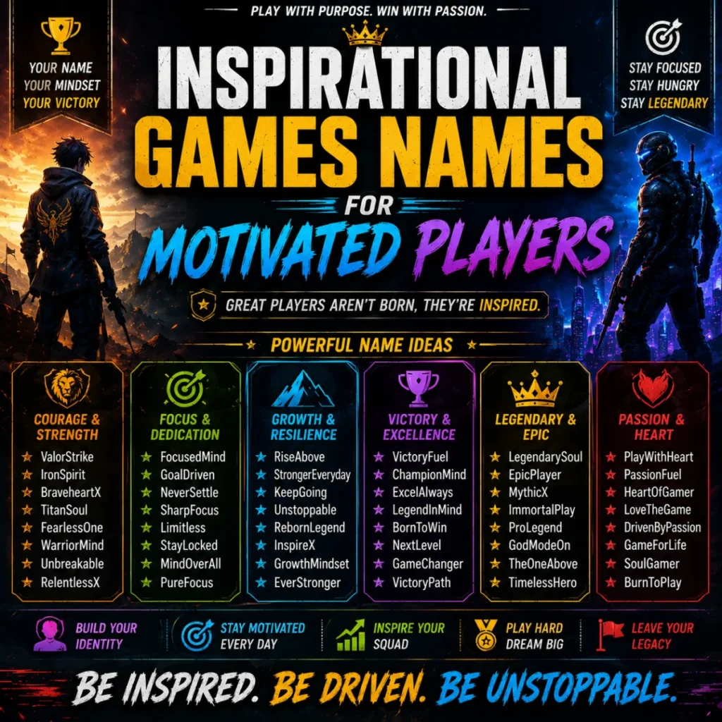 Inspirational game names graphic with motivational gamer identity ideas and uplifting gaming visuals