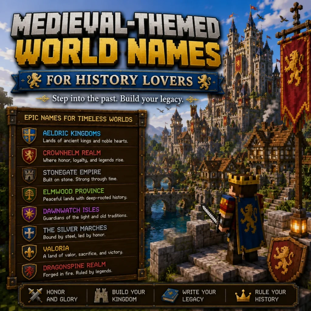 Medieval-themed Minecraft world names for history lovers featuring a grand castle, knight, banners, and ancient kingdom