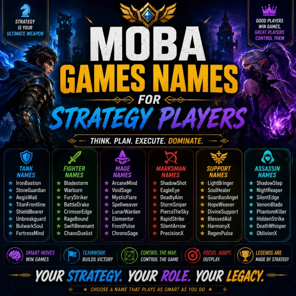 MOBA game names graphic with strategic role-based gamer name ideas for competitive strategy players