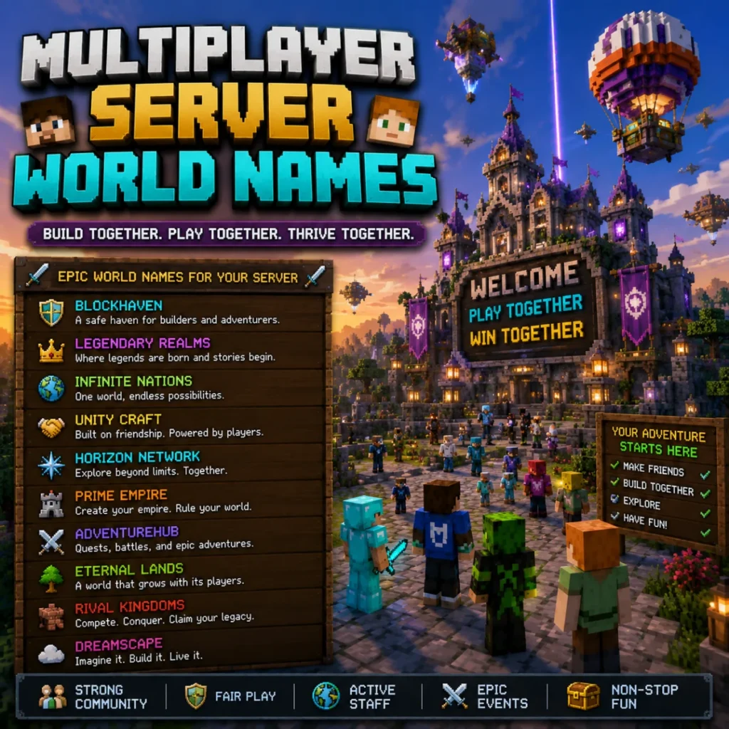 Multiplayer server world names in Minecraft featuring a community hub, fantasy castle, and active online players