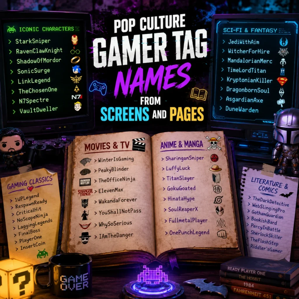 Pop culture gamer tag names poster featuring gaming, movies, anime, comics, and fantasy-inspired username ideas