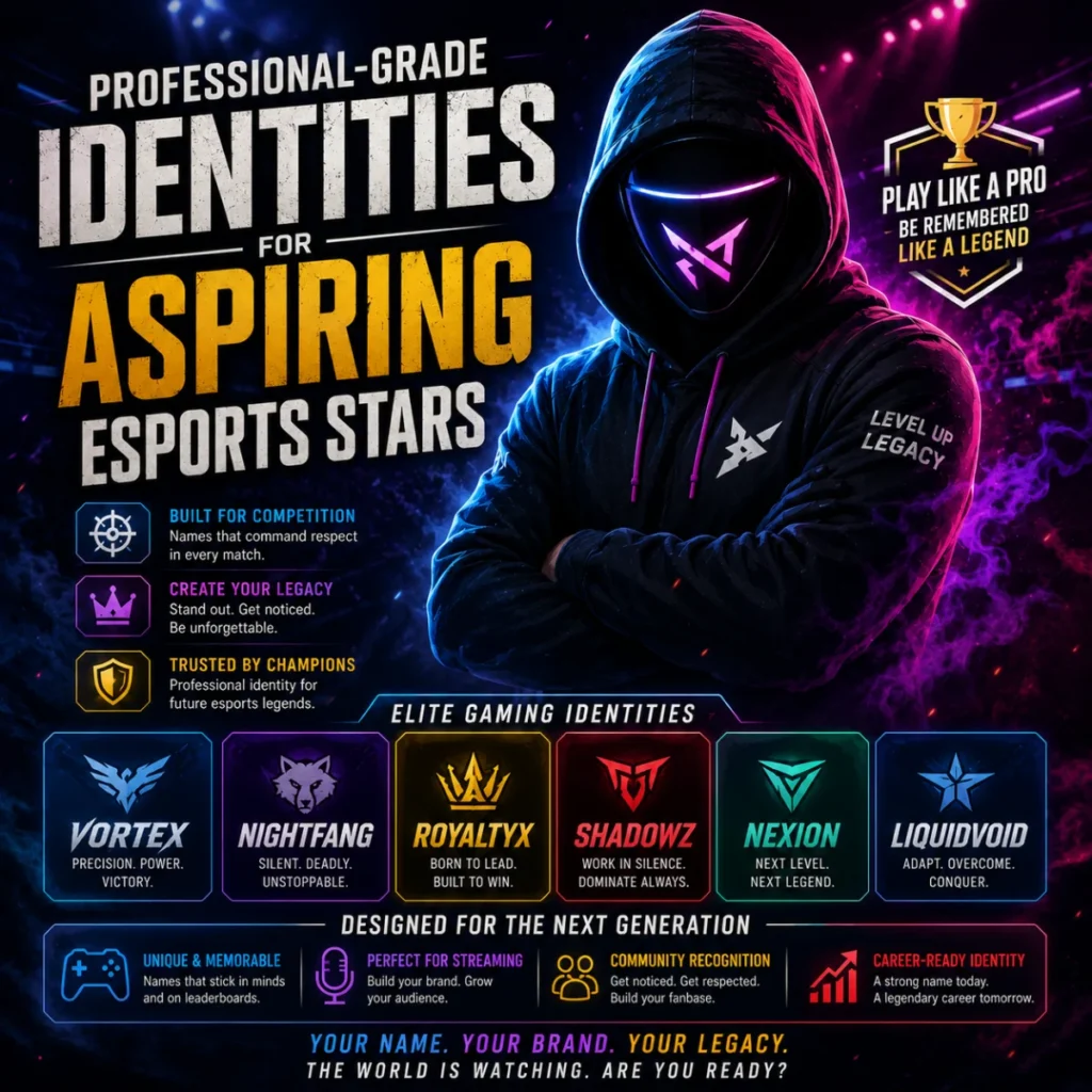 Professional esports gaming names poster featuring a futuristic gamer and elite username ideas for aspiring esports stars.