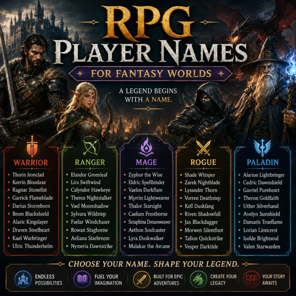 RPG player names for fantasy worlds with warrior, ranger, mage, rogue, and paladin name ideas