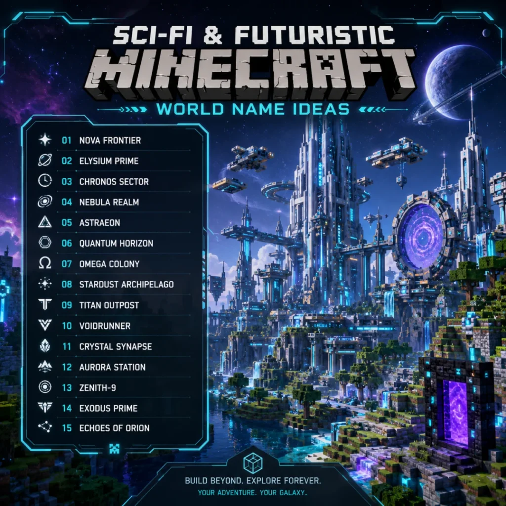 Sci-fi Minecraft world name ideas infographic featuring a futuristic city, space portal, and cosmic fantasy landscape