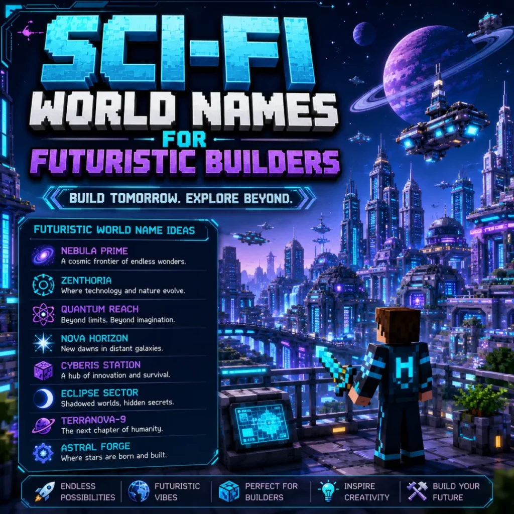 Sci-fi Minecraft world names for futuristic builders featuring a neon city, spaceships, planets, and cyberpunk skyline