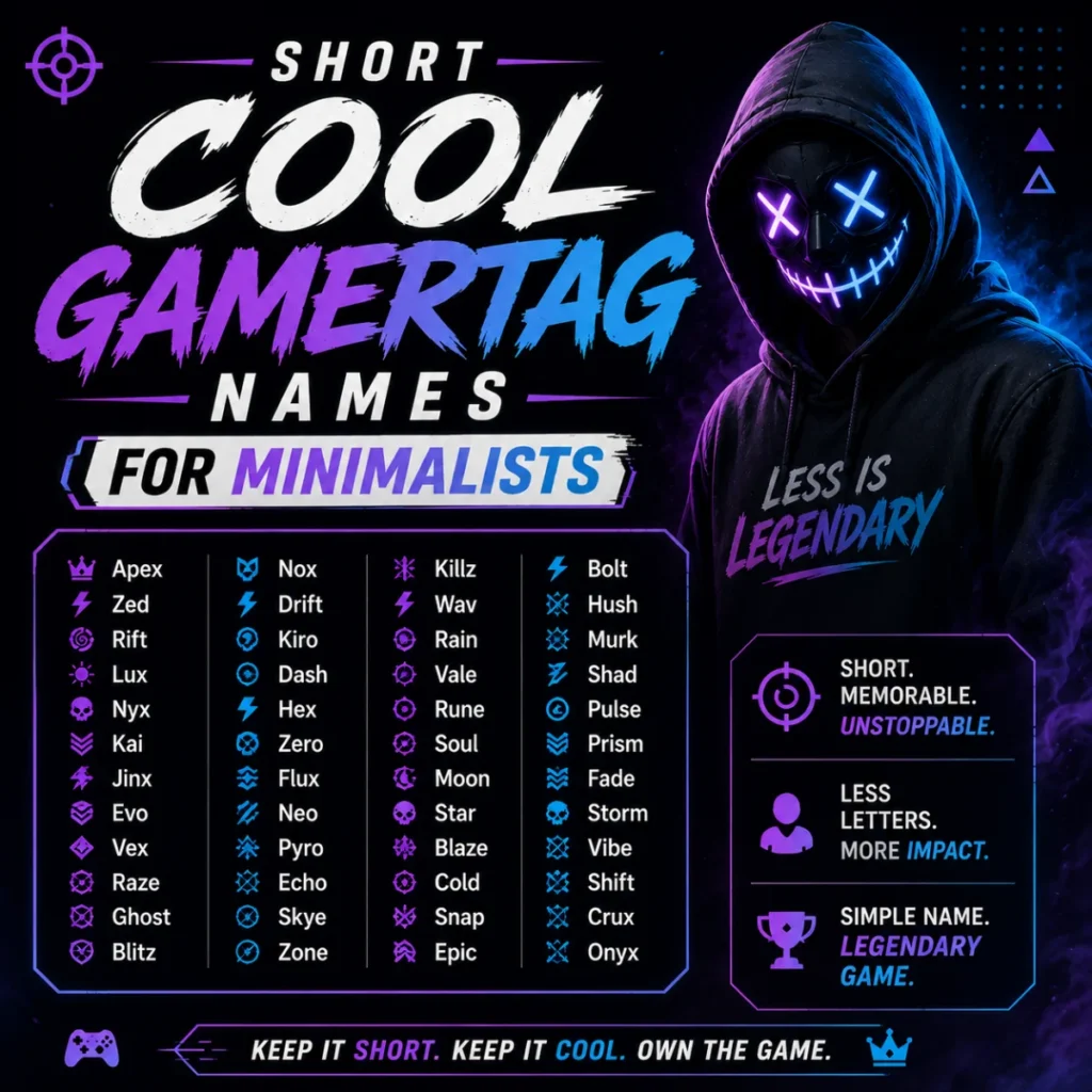Short cool gamertag names for minimalists featuring a neon masked gamer and sleek one-word gaming usernames