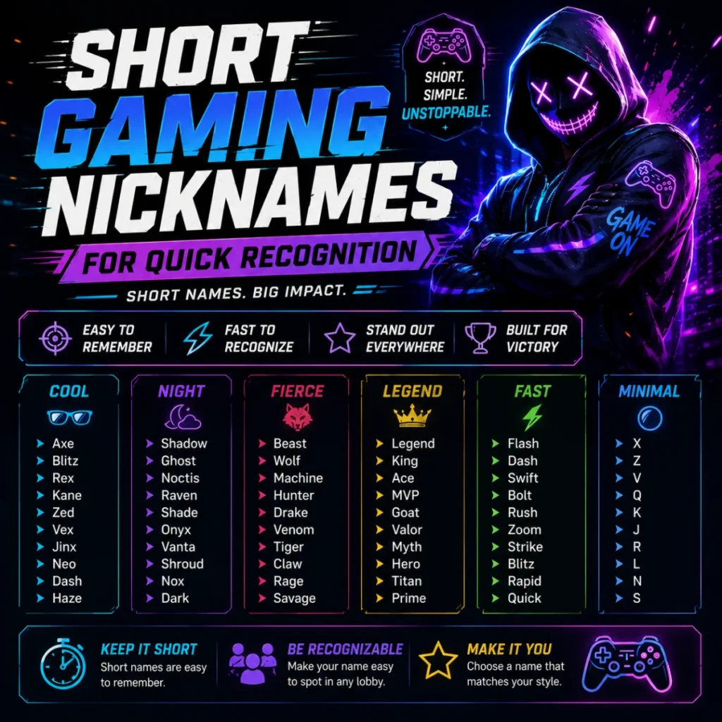 Short gaming nicknames for quick recognition with cool, memorable, and easy-to-spot gamer name ideas