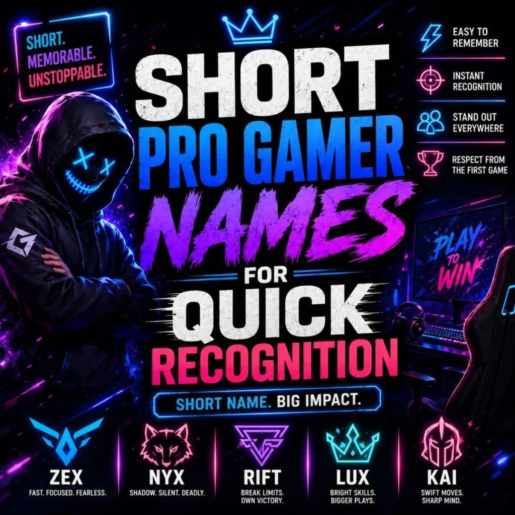 Short pro gamer names for quick recognition with a neon masked gamer, gaming setup, and futuristic esports artwork