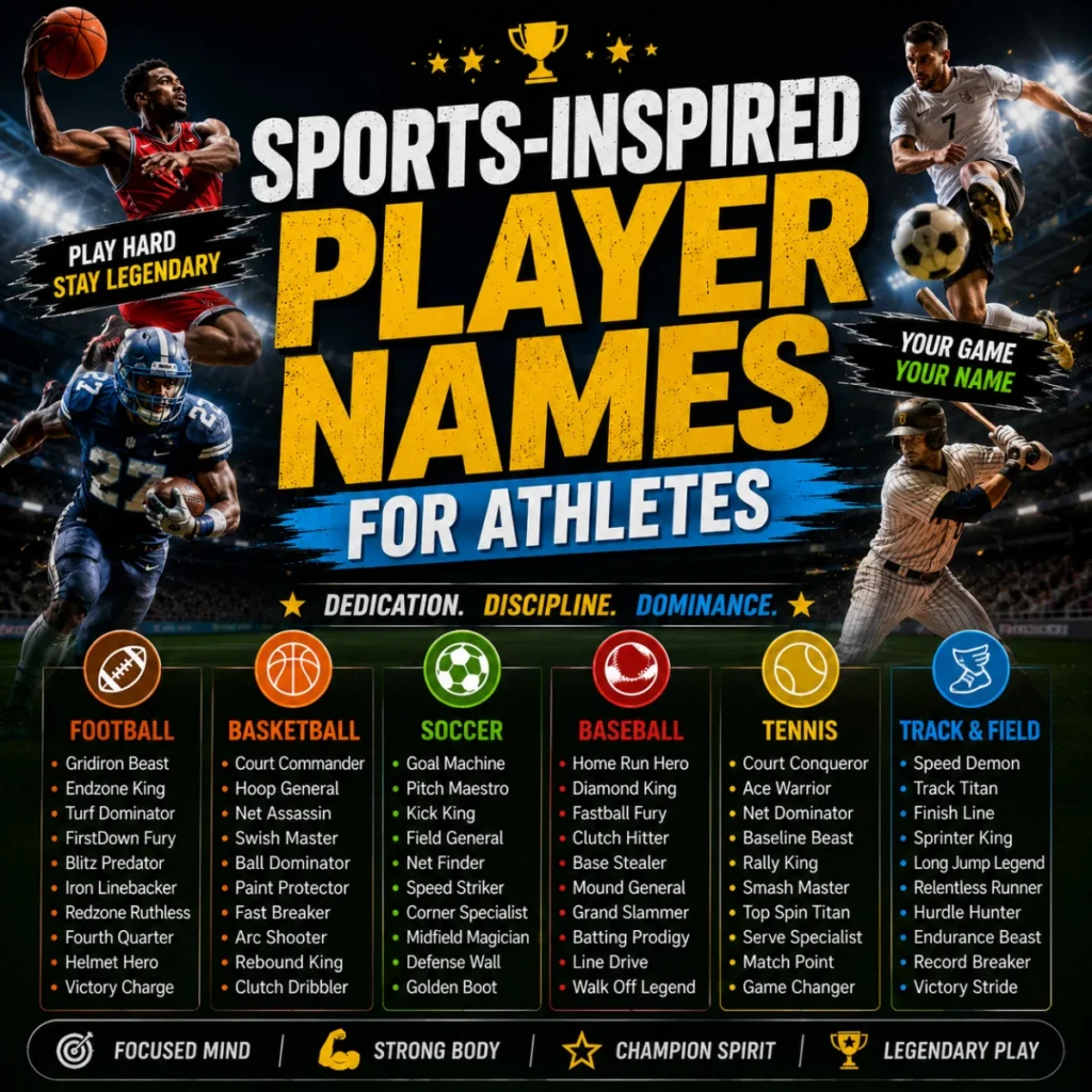 Sports-inspired player names for athletes featuring football, basketball, soccer, baseball, tennis, and track themes