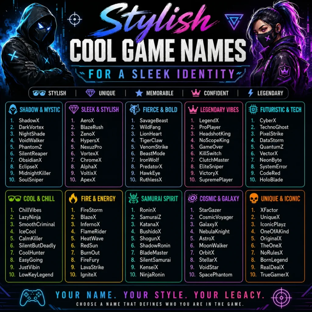 Stylish cool game names infographic with sleek, futuristic, and legendary gamer name ideas for modern players