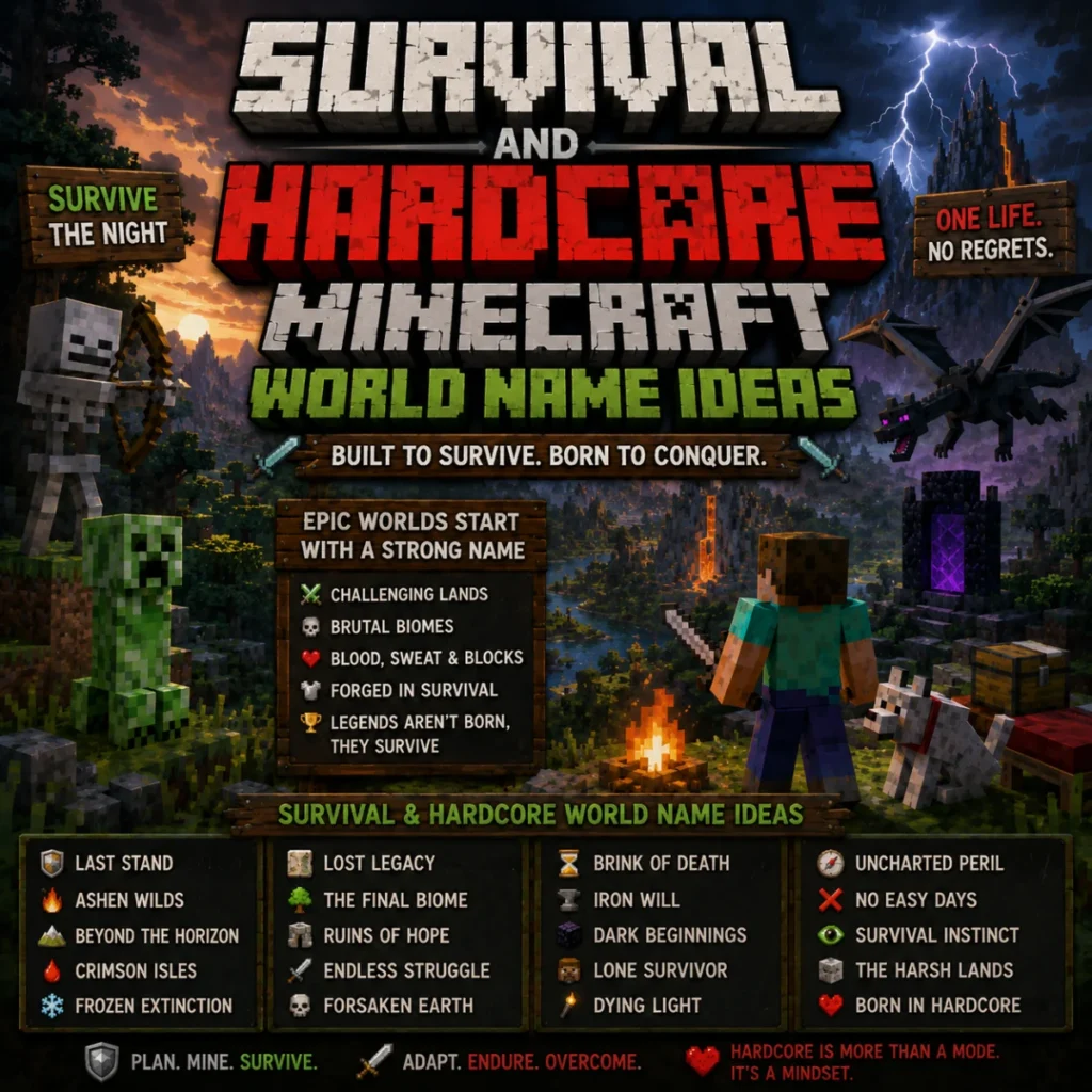 Survival and hardcore Minecraft world name ideas featuring a rugged landscape, dangerous mobs, and epic adventure themes.