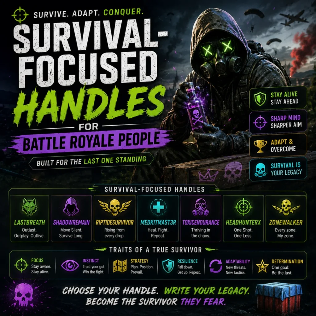 Survival-focused gaming handles poster with battle royale username ideas and a tactical survivor-themed gamer character.