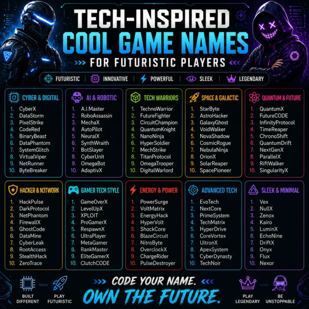 Tech-inspired cool game names infographic with futuristic, cyber, AI, and digital gamer name ideas
