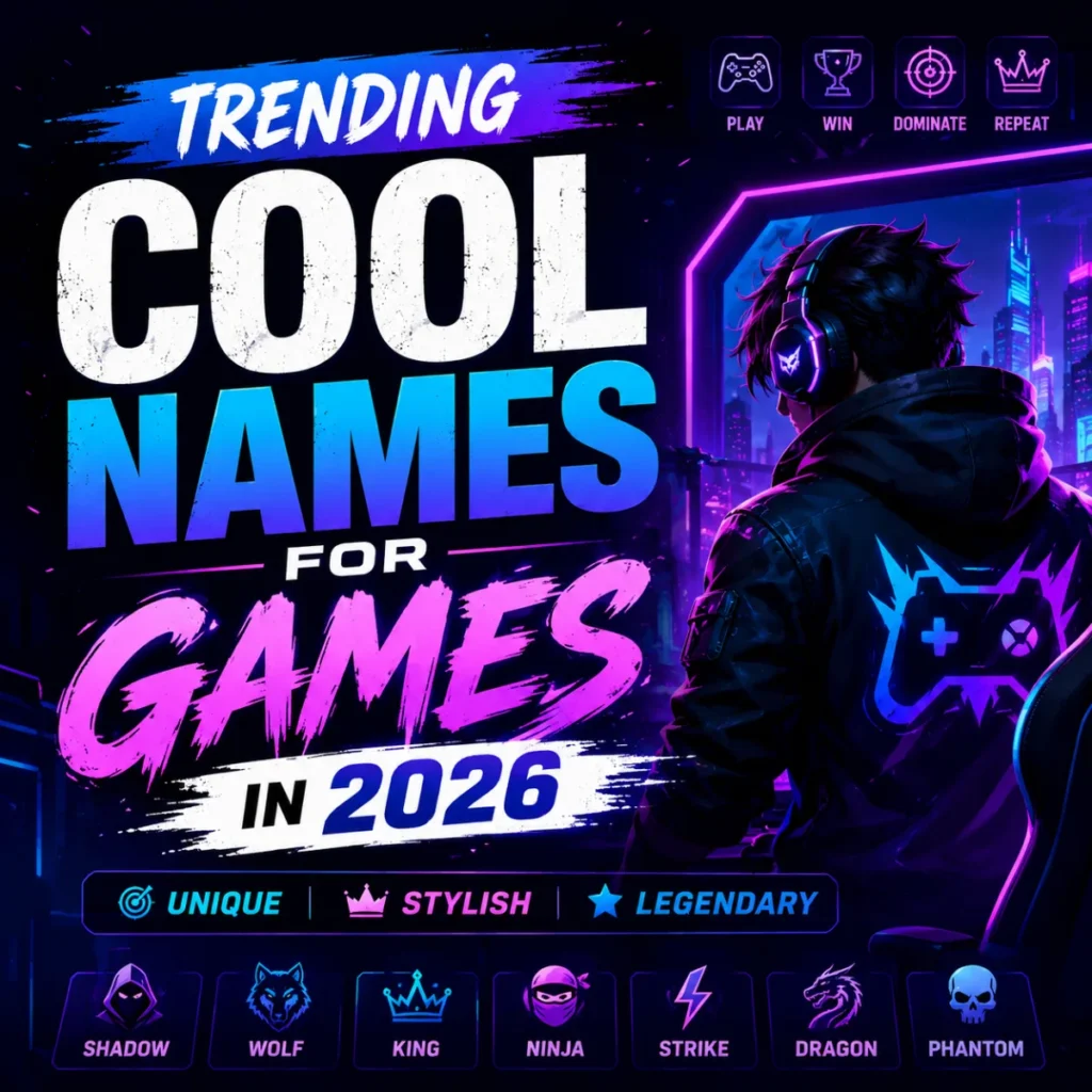 Trending cool names for games in 2026 with neon gamer setup and creative gaming username ideas