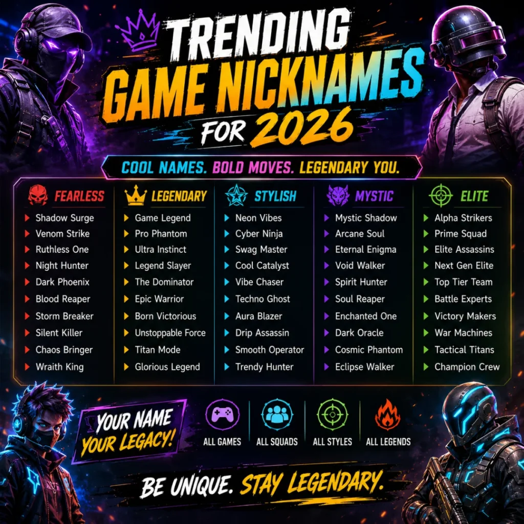 Trending game nicknames for 2026 featuring futuristic gamer characters and stylish nickname ideas for every play style