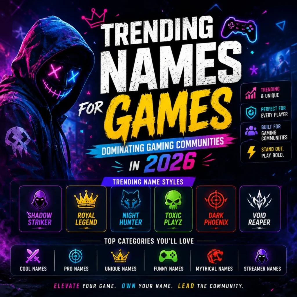 Trending gaming names for 2026 featuring a neon gamer mascot and popular username ideas for gaming communities.