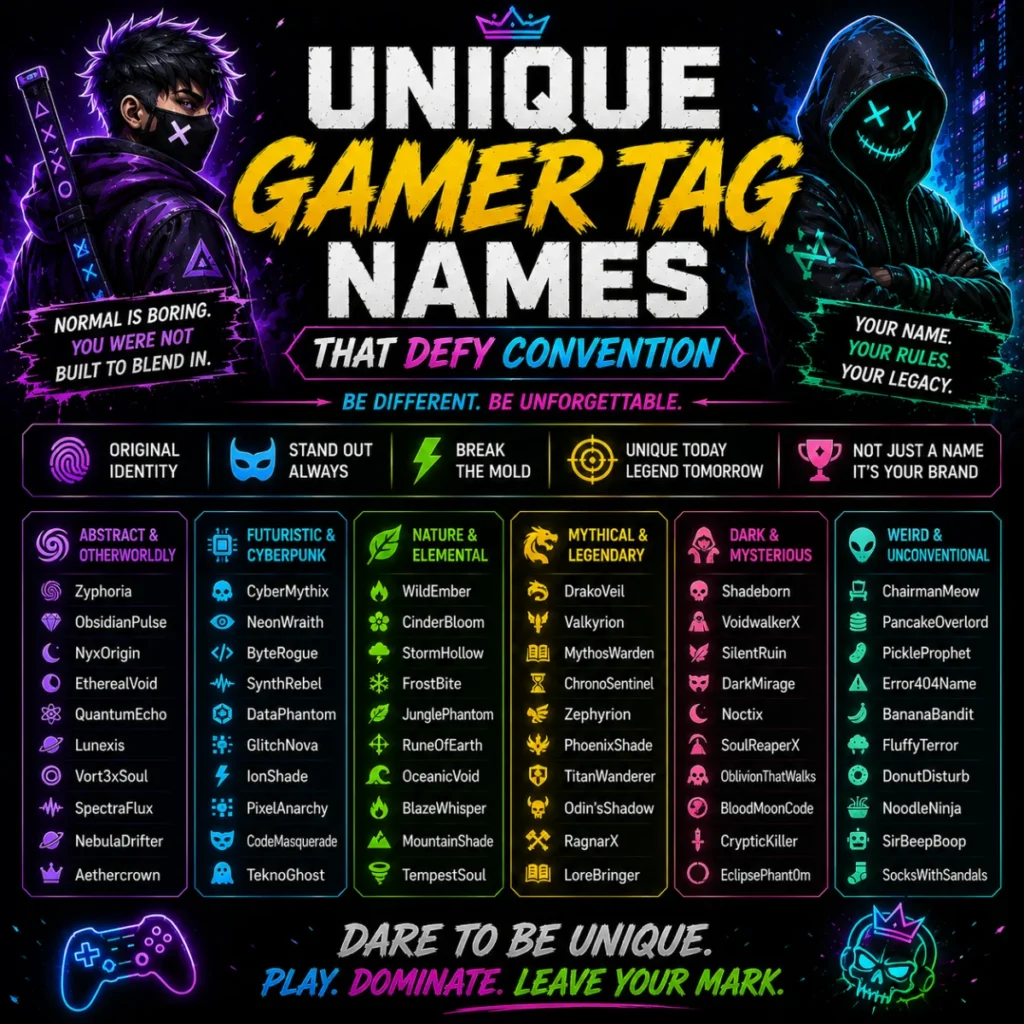 Unique gamer tag names that defy convention with creative gaming usernames and futuristic neon gamer artwork