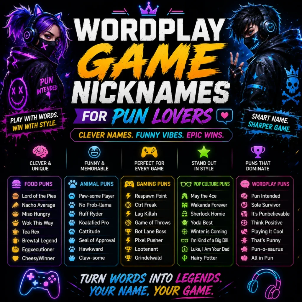 Wordplay game nicknames for pun lovers with funny gamer names, neon characters, and creative username ideas