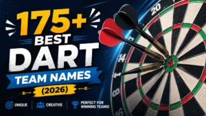 175+ Best Dart Team Names (2026) featured image with a dartboard, three darts in the bullseye, and bold title text
