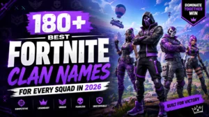 180+ best Fortnite clan names for every squad in 2026 with a powerful team of Fortnite-inspired characters and battle theme