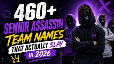 Group of masked teens with bold text promoting 460+ senior assassin team names for school game ideas in 2026