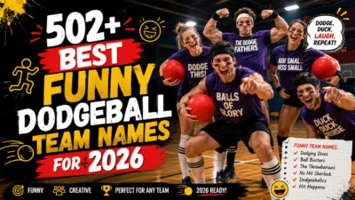 502+ best funny dodgeball team names for 2026 with energetic players holding dodgeballs in a colorful indoor gym.