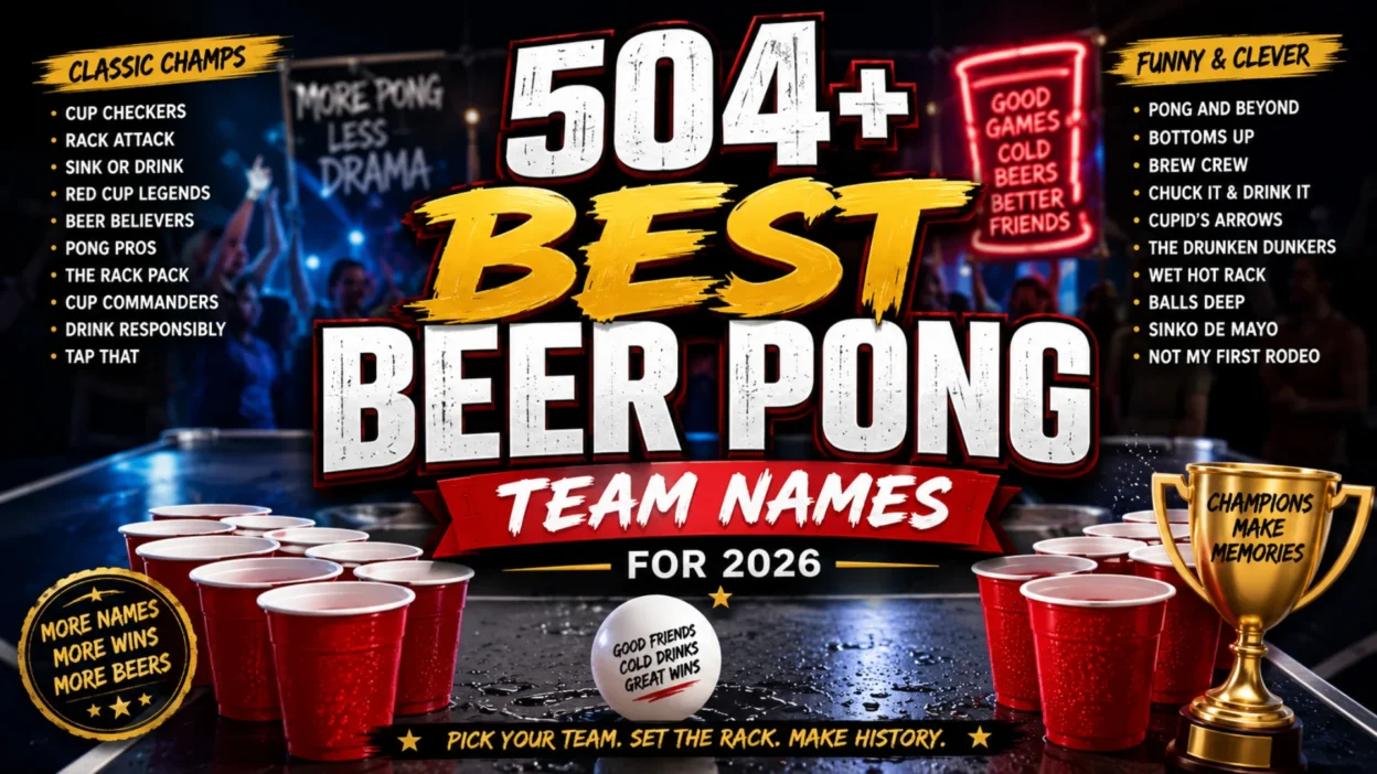 504+ Best Beer Pong Team Names for 2026 featured image with red cups, party lights, trophy, and fun team name ideas.