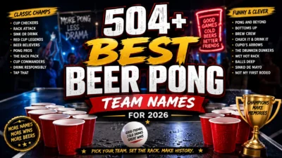 504+ Best Beer Pong Team Names for 2026 featured image with red cups, party lights, trophy, and fun team name ideas.