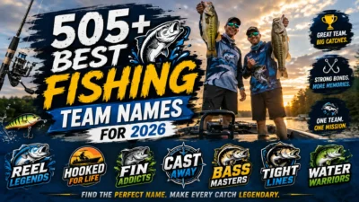 505+ Best Fishing Team Names for 2026 featured image with anglers, bass fish, fishing boat, lake, and tournament graphics.
