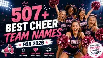 507+ Best Cheer Team Names for 2026 featured image with cheerleaders, pom-poms, stadium lights, and team spirit.