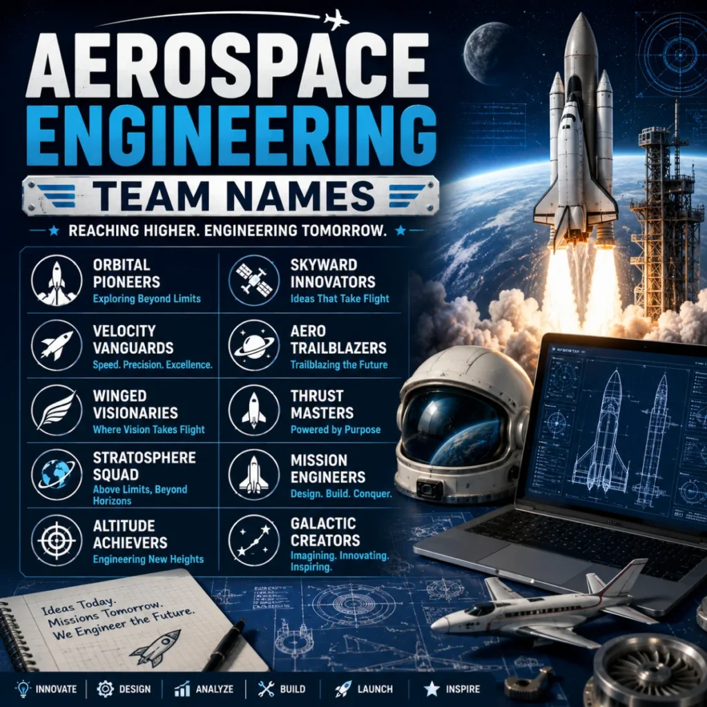 Aerospace engineering team names with rockets, spacecraft, and aviation-inspired ideas for engineering teams and clubs.