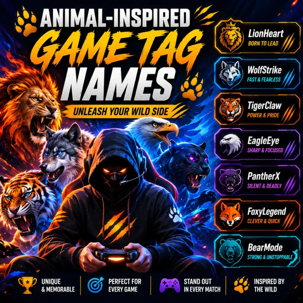 Animal-inspired game tag names with fierce wildlife gamer aliases and a vibrant gaming design for creative players