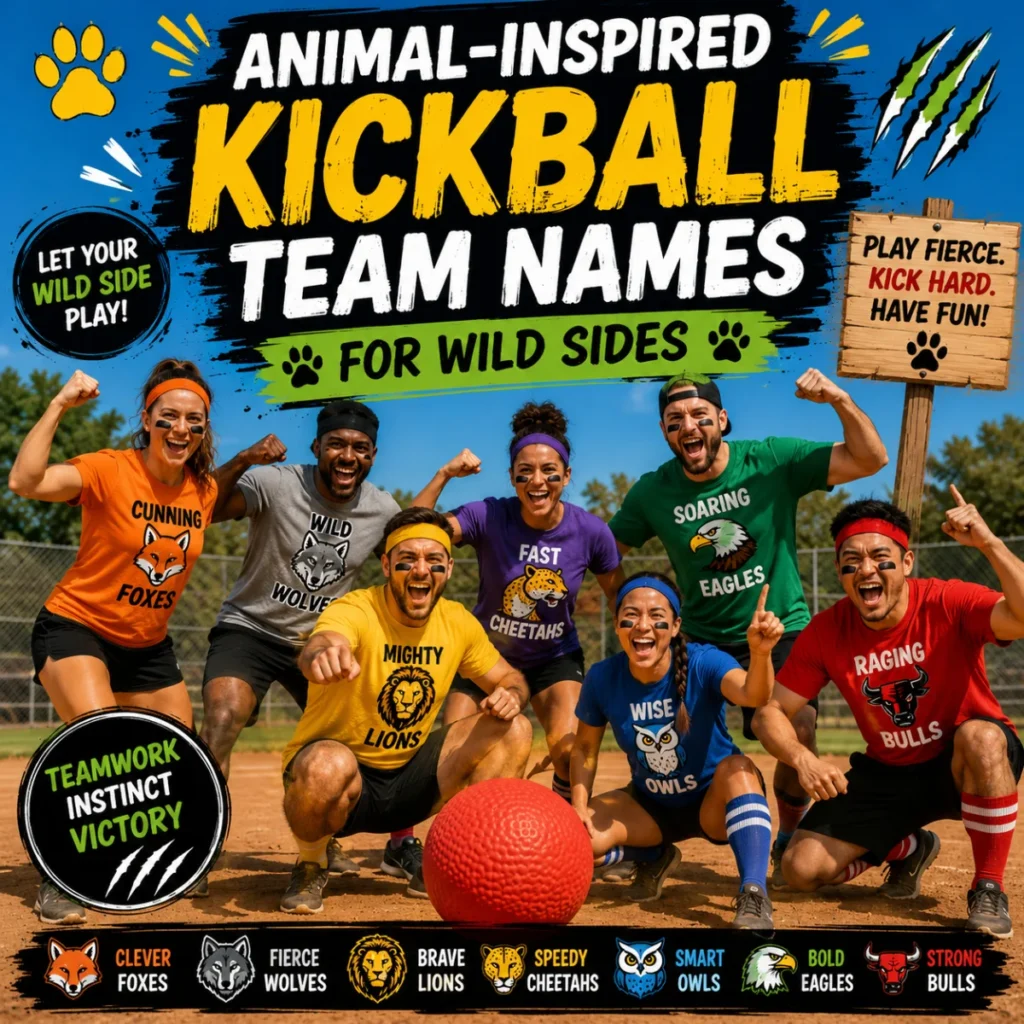 Animal-inspired kickball team names with players in animal-themed shirts and a red kickball on the field