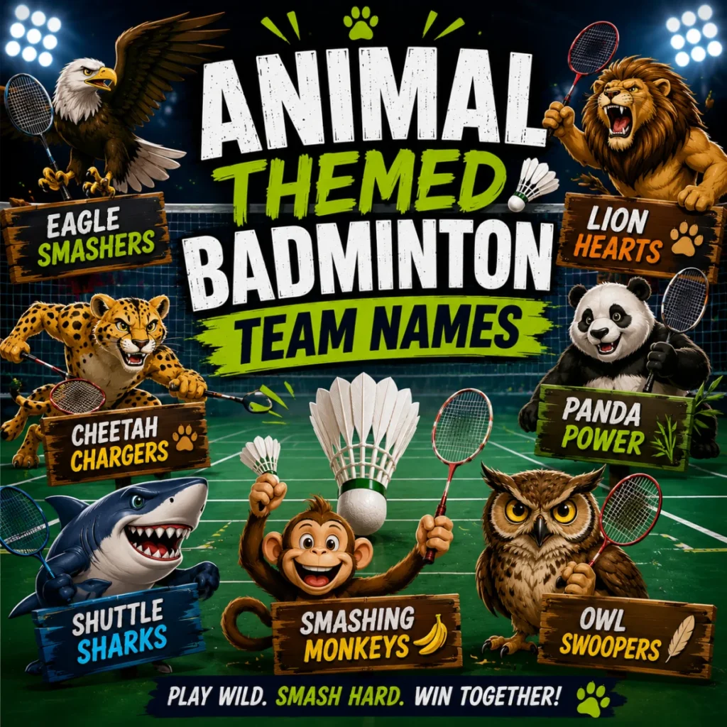 Animal themed badminton team names image with eagle, lion, panda, owl, shark, monkey, badminton rackets, and shuttlecock.