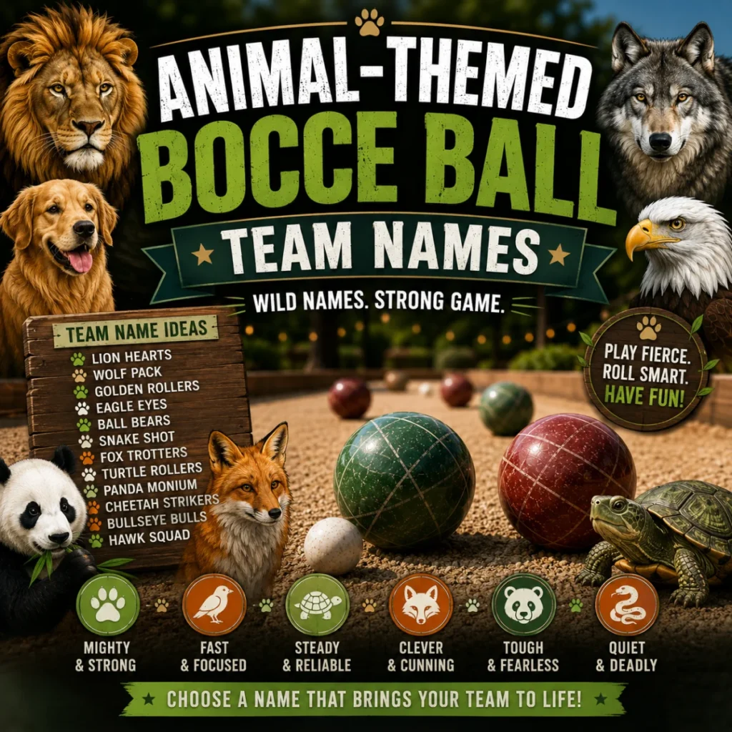 Animal-themed bocce ball team names with colorful bocce balls and wildlife-inspired designs on an outdoor court