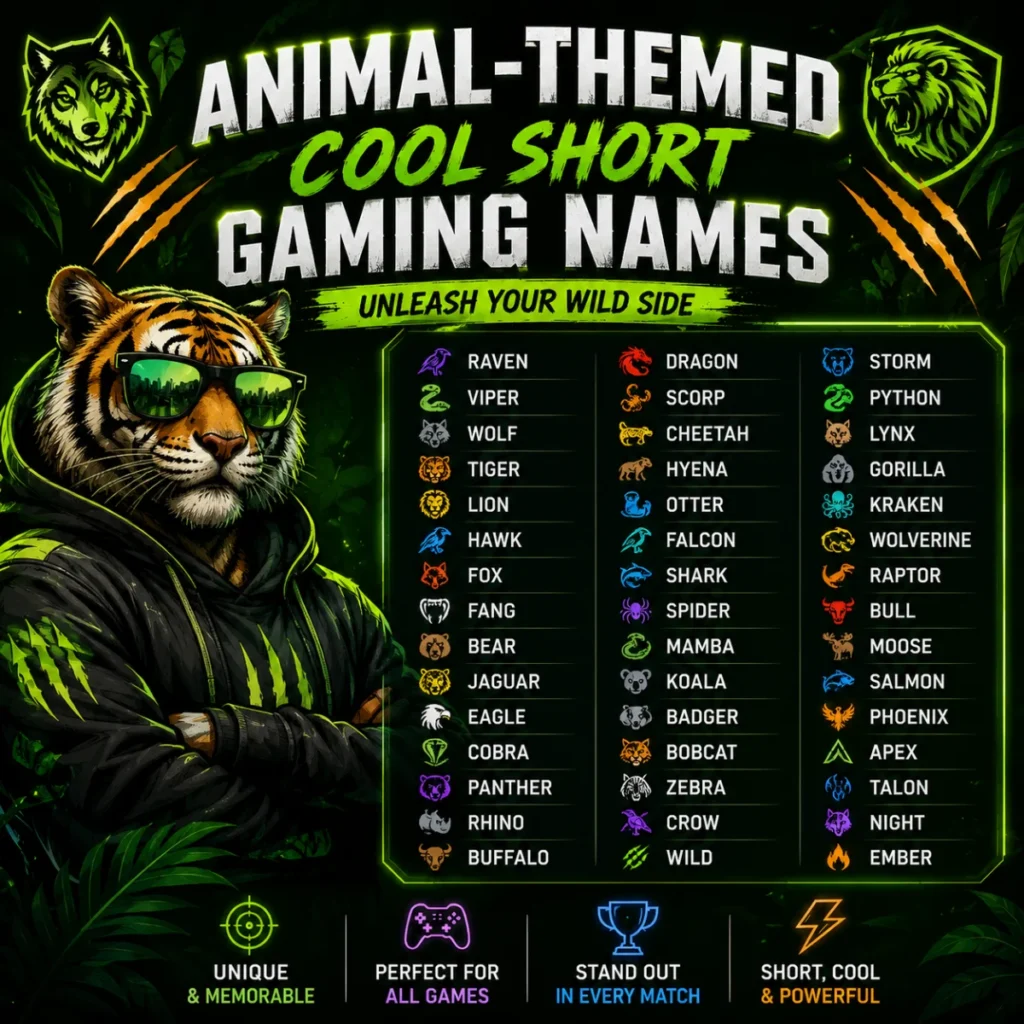 Animal-themed cool short gaming names with a tiger gamer design and creative wildlife-inspired username ideas