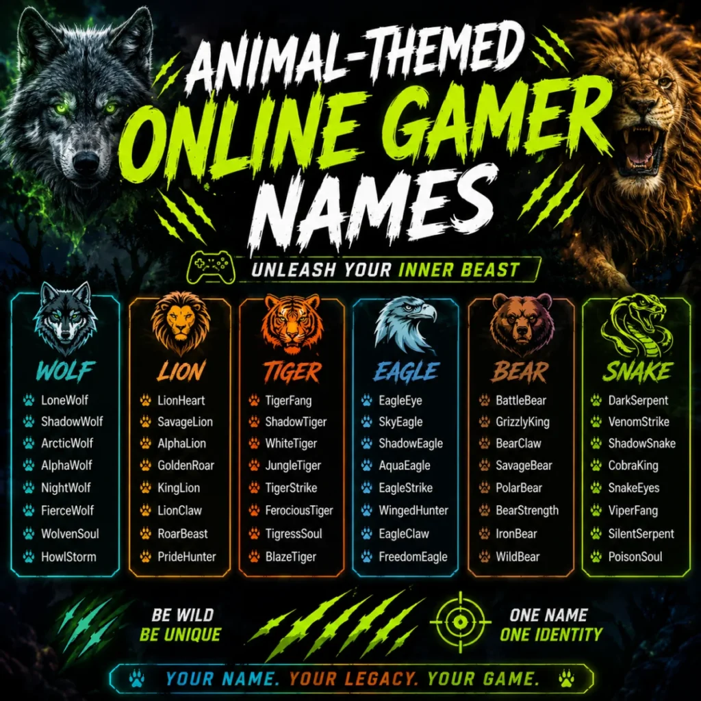 Animal-themed online gamer names featuring wolf, lion, tiger, eagle, bear, and snake inspired gaming usernames