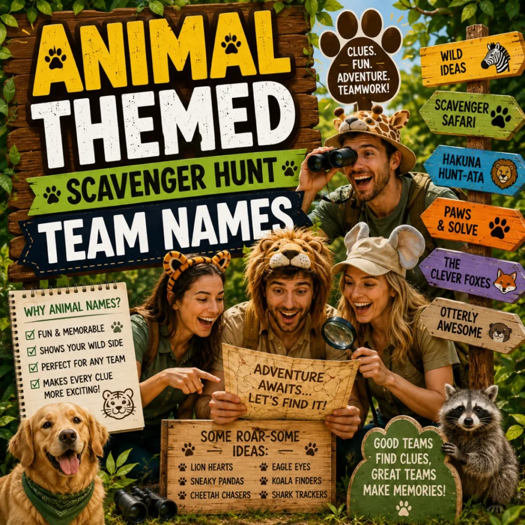 Team in animal costumes solving clues for animal themed scavenger hunt team names during a fun outdoor adventure