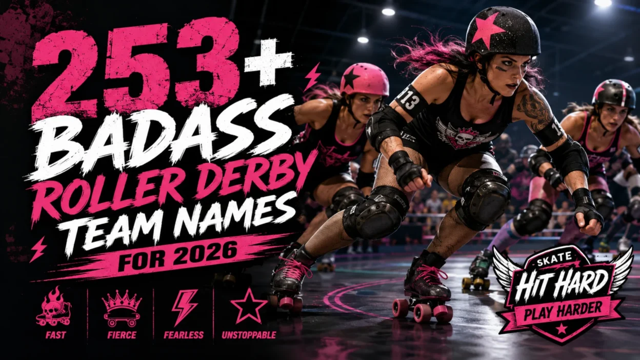 Badass roller derby team names 2026 featured image with fierce skaters racing on an indoor track in bold pink and black