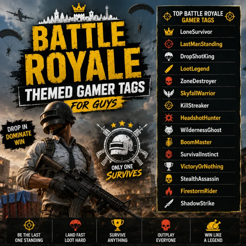 Battle Royale themed gamer tags for guys with a tactical soldier, parachutes, and action-packed gaming battlefield