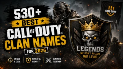 530+ Best Call of Duty clan names for 2026 with a tactical soldier, skull emblem, and battlefield gaming background