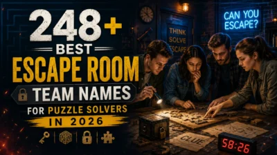 248+ Best Escape Room Team Names for Puzzle Solvers in 2026 featured image with a team solving puzzles in an escape room
