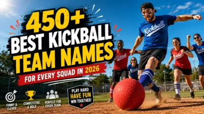 450+ best kickball team names for every squad in 2026 featured image with players kicking a red ball on a sunny field