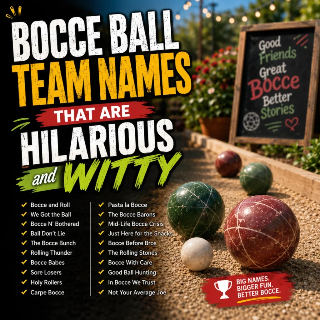 Funny and witty bocce ball team names with colorful bocce balls on an outdoor court for leagues and tournaments