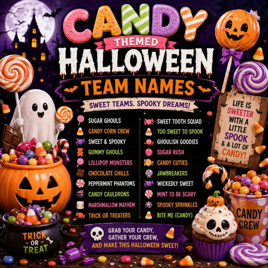 Candy themed Halloween team names poster with colorful sweets, ghost, pumpkins, cupcakes, and spooky candy squad ideas