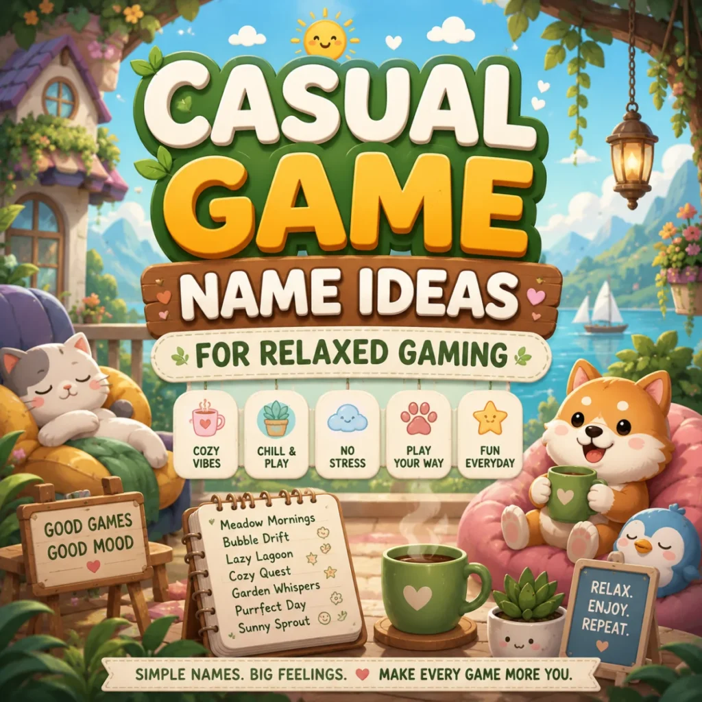 Casual game name ideas for relaxed gaming with cozy visuals, peaceful scenery, and creative gamer name inspiration