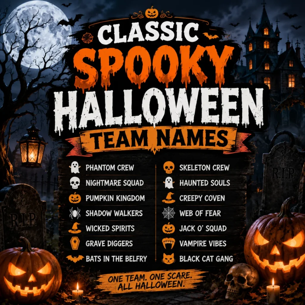 Classic spooky Halloween team names poster with haunted house, pumpkins, gravestones, and creepy squad name ideas
