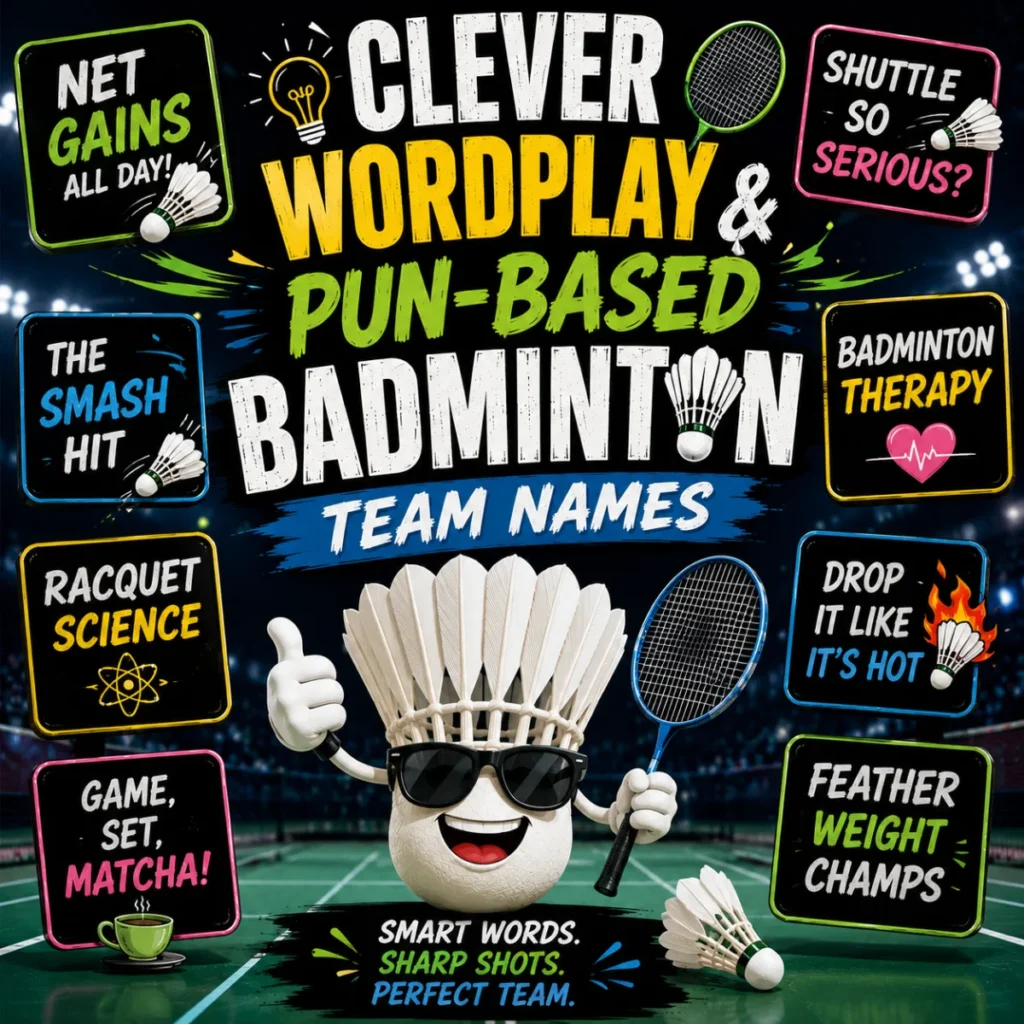 Clever wordplay and pun-based badminton team names image with rackets, shuttlecock, witty signs, and badminton court.