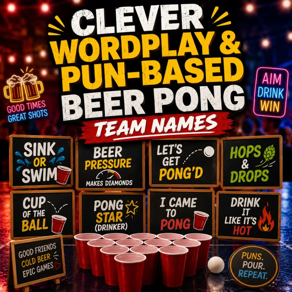 Clever wordplay and pun-based beer pong team names image with red cups, neon signs, and fun party-themed graphics.